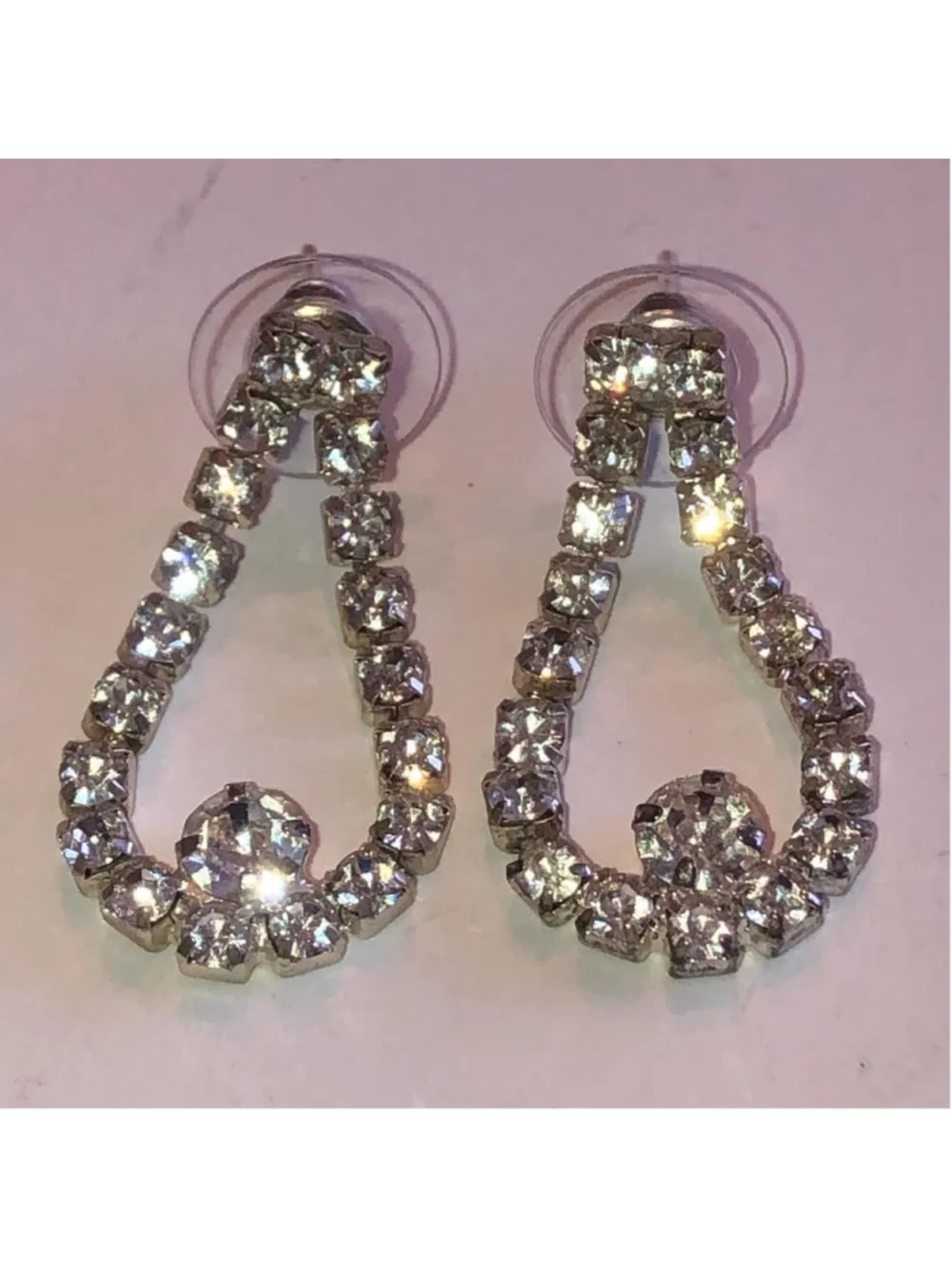 Vintage Silver Tone CZ Rhinestone Dangling Runway Statement Pierced Earrings - Picture 3 of 6
